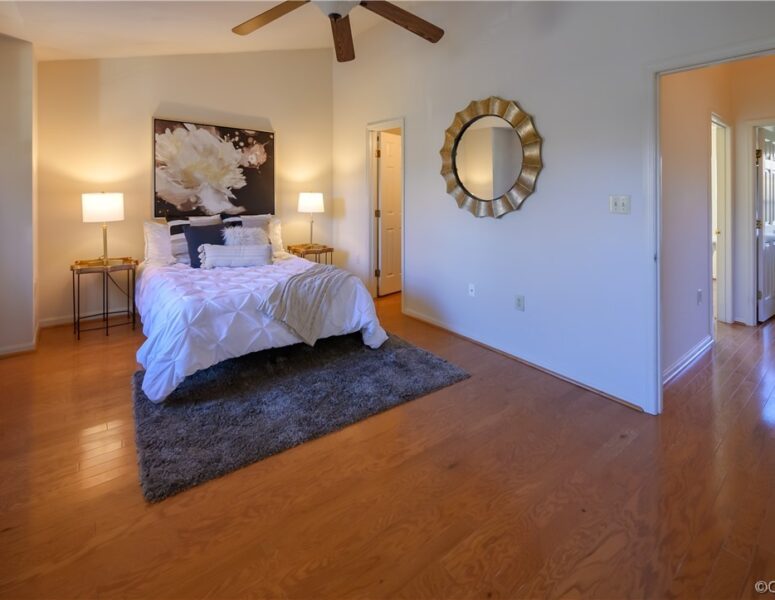 A master bedroom and bathroom